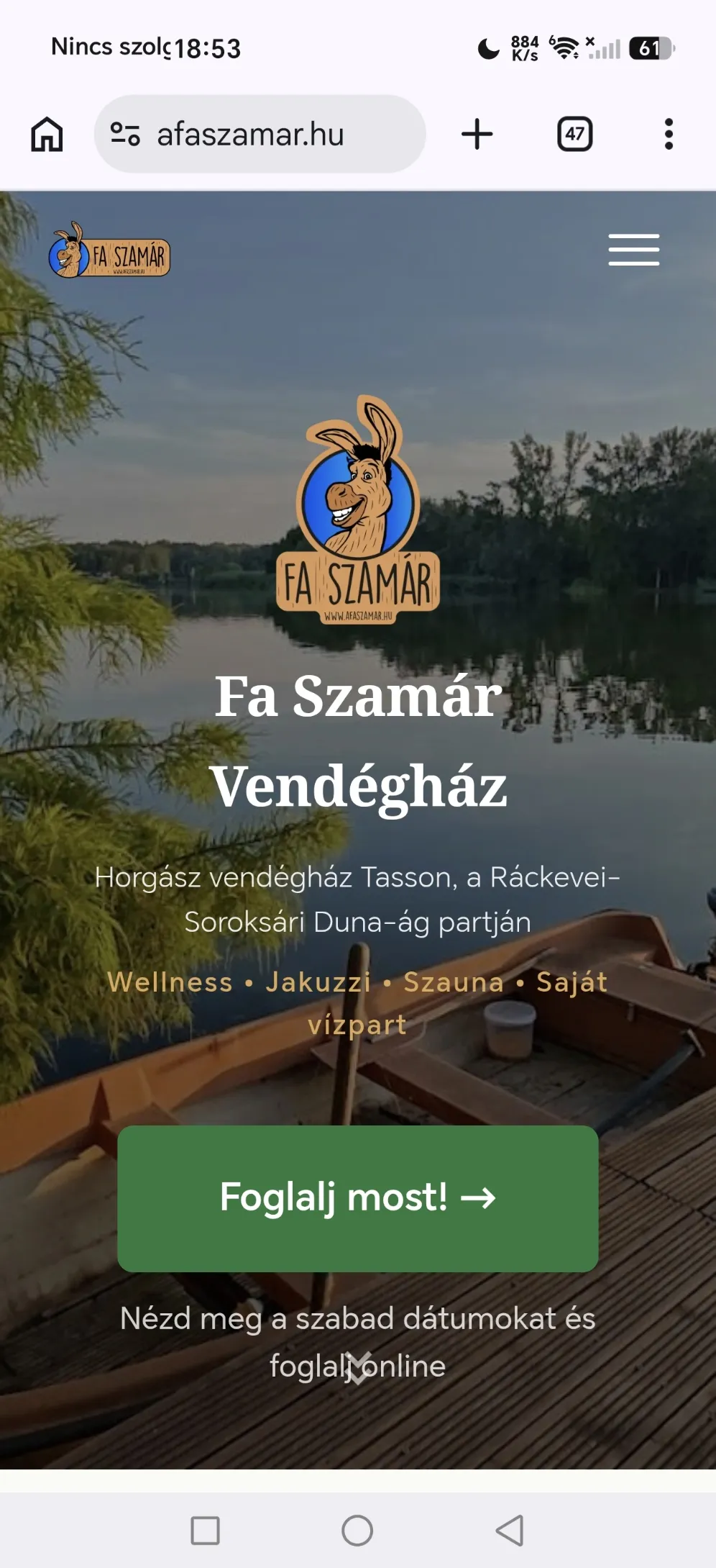 A Fa Szamár Vendégház weboldala mobil nézetben